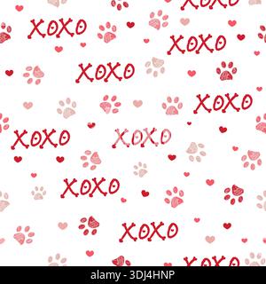 Red hearts paw prints and xo text seamless fabric design pattern Stock Vector
