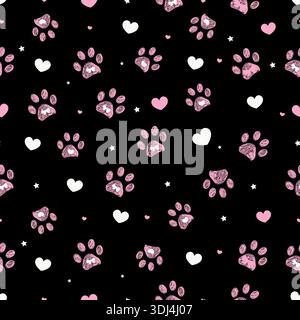 Pink doodle paw prints with hearts and stars. Seamless fabric design pattern Stock Vector