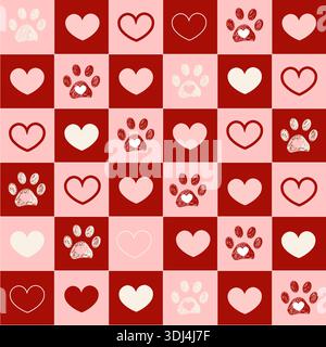 Pink red plaid hearts and paw prints seamless fabric design pattern Stock Vector