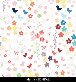 Cute birds and flowers. Seamless spring design pattern Stock Vector