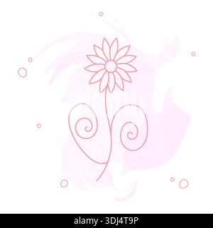 Elegant flower illustration with fine contour lines and swirls. Abstract pink watercolor background. Perfect for gentle branding, greeting cards Stock Vector