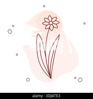 Elegant botanical line art illustration of a flower. Dark red outline against a soft watercolor splash. Perfect for eco-branding, packaging design Stock Vector