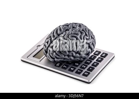 Human brain on calculator isolated on white background Stock Photo