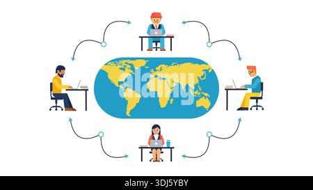 A flat-style conceptual vector illustration representing a globalized workforce and remote collaboration. Stock Vector