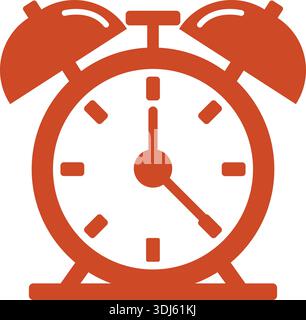 Flat illustration of a red alarm clock with twin bells and a round face showing time Stock Vector