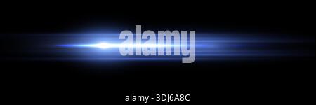 Blue horizontal lensflare. Light flash with rays or blue spotlight and bokeh. Glow flare light effect. Vector illustration. Isolated on black Stock Vector