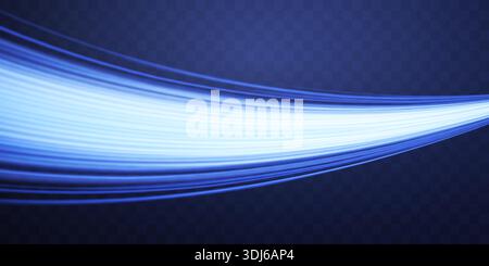 Speed rays, light neon flow, zoom in motion effect, blue glow speed lines, colorful light trails, perspective stripes. Abstract background, vector Stock Vector