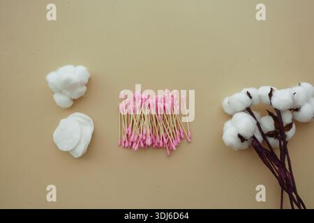 Cotton balls and swabs arranged on a flat surface Stock Photo