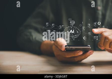 AI and person using a phone with brain automation and generating content by entering commands to prompt smart AI text to image speech in a futuristic Stock Photo