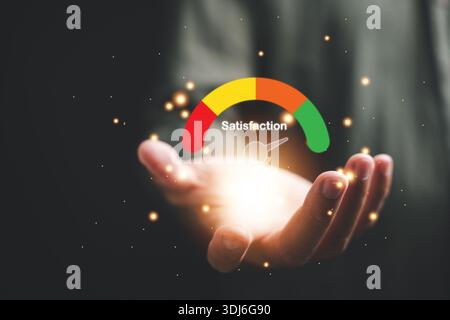 Customer satisfaction ratings and reputation shown in hand for feedback on service quality, survey responses impact business good feedback is essentia Stock Photo