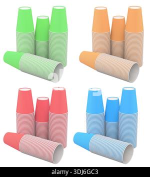 Multiple stacks of ripple wall disposable cups, isolated on white background, concept of drinkware design. Stock Photo