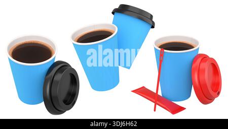 Set of takeaway coffee cups with plastic lids, stirrers, and sugar sachets isolated on white background. Concept of beverage service Stock Photo