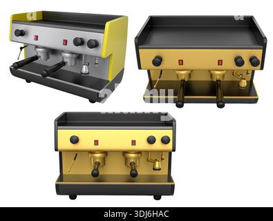 Set of colorful espresso coffee machines with matching cups, isolated ...