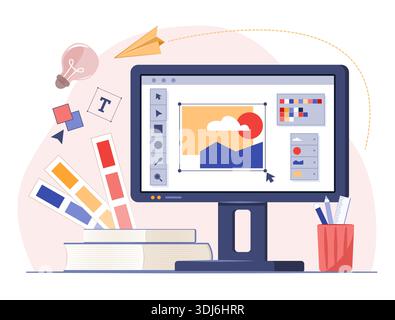 Graphic Design Program on Desktop Computer Monitor with Color Swatch Chart, Books, Pencil and Ruler for Graphic Design Occupation Concept Illustration Stock Vector