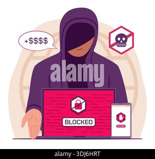 Hacker Man Steal Digital Data from Laptop Computer and Mobile Phone and Demand Ransom for Scammer, Cyber Crime and Online Digital Risk Concept Stock Vector