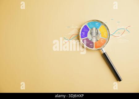 Ai concept shows artificial intelligence innovation through a magnifying glass, revealing an ai robot with circuit lines, emphasizing machine learning Stock Photo