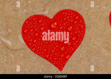 a piece of corrugated cardboard with red hearts covered with water droplets Stock Photo