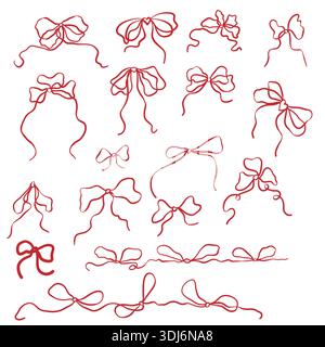 Red bows and ribbons, whimsical hand-drawn sketch. Vector illustration. Elegant bow collection isolated on white background. Suitable for wedding cele Stock Vector