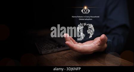 Robot in every household concept. Hand holding globe filled with robots. Global adoption of robotic technology in every house. Humanoid assistant, rob Stock Photo
