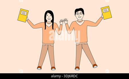 Two people holding books and shaking hands. Scene is friendly and positive. The idea behind the image is to show the importance of education and the v Stock Vector