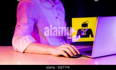 Side view of arm on mouse, holographic yellow warning sign of woman in medical attire with blindfold and stethoscope. Stock Photo