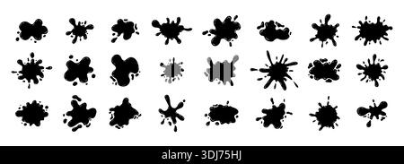 Black smooth ink shiny blob form collection. Splash with glossy drops, round abstract shapes silhouette liquid. Soft fluid organic puddle border, frame. Current drops. Ink Paint fall down liquid. Vector illustration Stock Vector