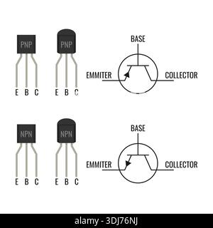 NPN and PNP transistor vector set. Bipolar junction transistor BJT schematic symbols and component diagrams Stock Vector