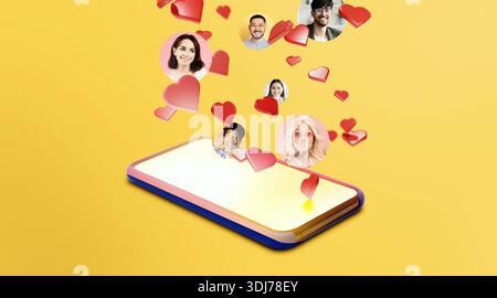 People Connect Through a Smartphone With Hearts Above, Showing Communication and Relationships Stock Photo