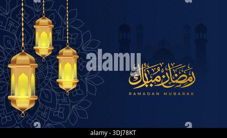 Islamic Ramadan Mubarak greeting card design with green mosque silhouette, decorative floral frame, and clean beige background representing peace and Stock Vector