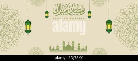 Islamic Ramadan Mubarak banner featuring green hanging lanterns on a soft beige background with a mosque silhouette and subtle ornamental patterns. Ca Stock Vector