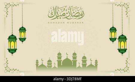 Ramadan Mubarak greeting banner with green hanging lanterns, mosque skyline, floral border elements and light background. Traditional Islamic design s Stock Vector