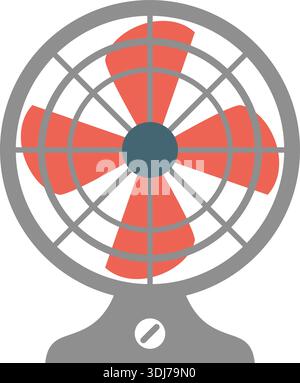 Flat illustration of electric table fan with red blades and protective grill, household cooling appliance isolated on light background. Stock Vector
