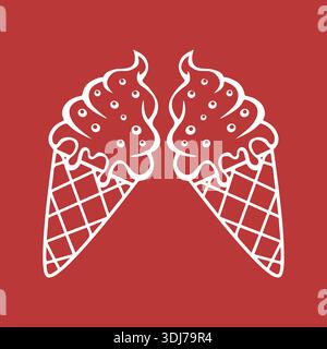 Two ice cream cones with swirled soft serve illustration in white outline on red background, sweet dessert icon in minimal flat style icon Stock Vector