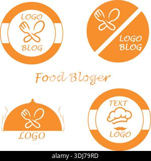 Food blogger logo set with orange circular badges, fork spoon and chef hat icons, minimal restaurant branding templates on white background. Stock Vector
