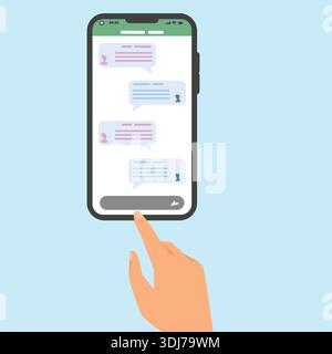 Smartphone screen with chat messages and finger tapping send button, mobile messaging app interface in flat illustration style. Stock Vector