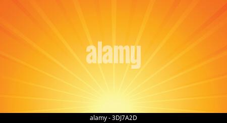 Bright orange sunrise burst background with radiant sun rays and warm gradient glow, abstract summer light backdrop design. Stock Vector