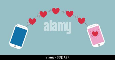 Two smartphones sending red heart icons between screens symbolizing online love, dating app and digital communication on blue background. Stock Vector