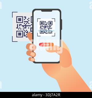 Hand holding smartphone scanning QR code with camera interface and scan button, mobile payment and digital verification concept. Stock Vector