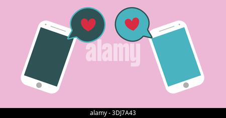 Two smartphones sending red heart icons between screens symbolizing online love, dating app and digital communication on blue background. Stock Vector