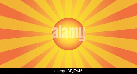 Bright sun with radiant yellow and orange rays, abstract sunrise background illustration symbolizing warmth and energy. Stock Vector