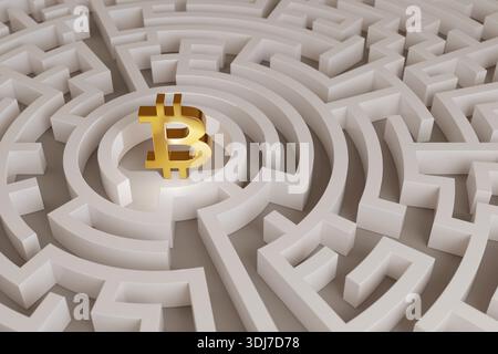 Bitcoin sign in the center of a maze. Horizontal composition. 3d illustration. Stock Photo