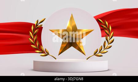 Shiny golden star award with laurel wreaths on a podium, set against a flowing red fabric background. Vector illustration Stock Vector