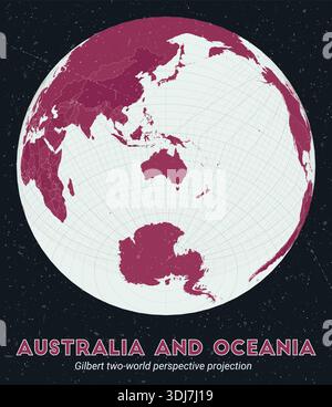 Australia and Oceania. World map. Gilbert two-world perspective projection centered to Australia and Oceania. Pale Mint Dark Pink palette. Stock Vector