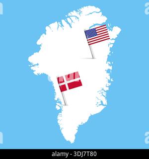A detailed white silhouette of the Greenland with the Danish and American flags embedded in it. The situation with a possible annexation. Flat vector Stock Vector