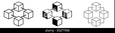 Blockchain network black icon set with connected cubes, vector isolated Stock Vector