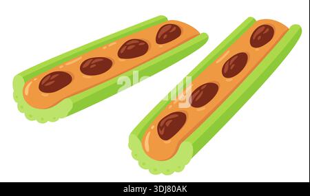 Ants on a log, celery stick with peanut butter and raisins. Traditional American healthy snack cartoon drawing. Isolated flat vector illustration. Stock Vector