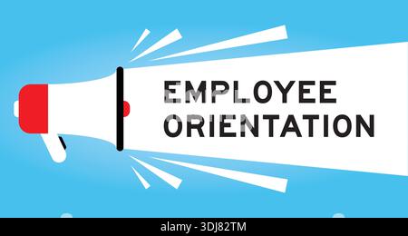 Color megaphone icon with word employee orientation in white banner on blue background Stock Vector