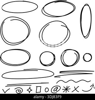 Hand drawn circle and arrow line, scribble doodle circle set for highlighting text. Ovals and ellipses line template. Stock Vector