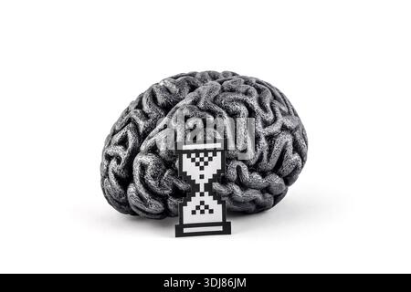 Human silver brain model with paper pixel hourglass computer symbol represents that the system is busy, processing data. Stock Photo