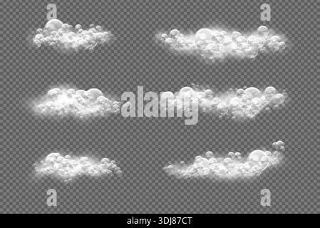 Soap foam. Bath wash sud, water splash and white cosmetic soapy froth balls. Transparent laundry lather, shampoo, shower gel and antibacterial detergent. Vector realistic isolated compositions set Stock Vector